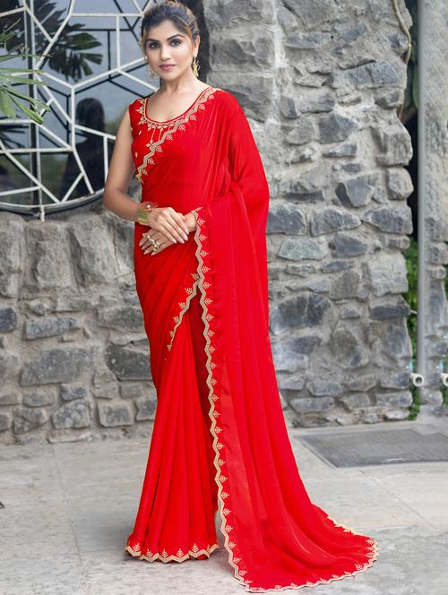 women solid with embellished bordered saree with blouse - 21962555 - Very Small Image - 1