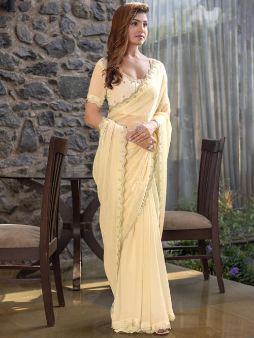 women solid with embellished bordered saree with blouse - 21962556 - Very Small Image - 1