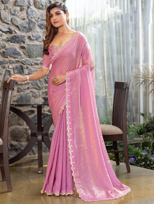 women solid with embellished bordered saree with blouse - 21962563 - Very Small Image - 1