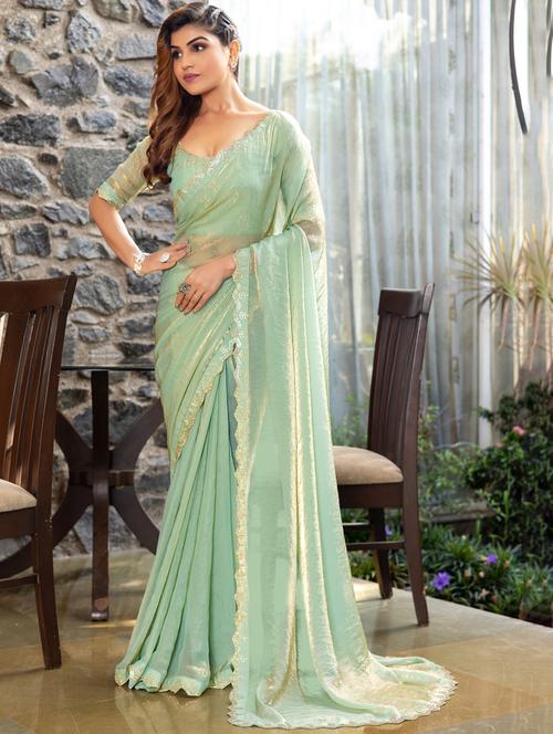women solid with embellished bordered saree with blouse - 21962569 - Very Small Image - 1