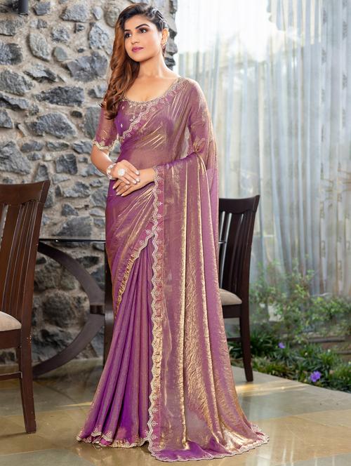 women solid with embellished bordered saree with blouse - 21962570 - Very Small Image - 1