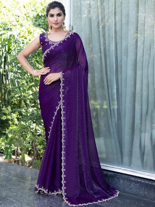 women solid with embellished bordered saree with blouse - 21962574 - Very Small Image - 1