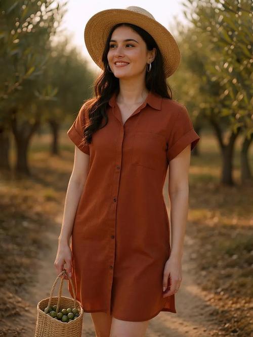 women solid collared short sleeve shirt dress - 21962966 - Very Small Image - 1