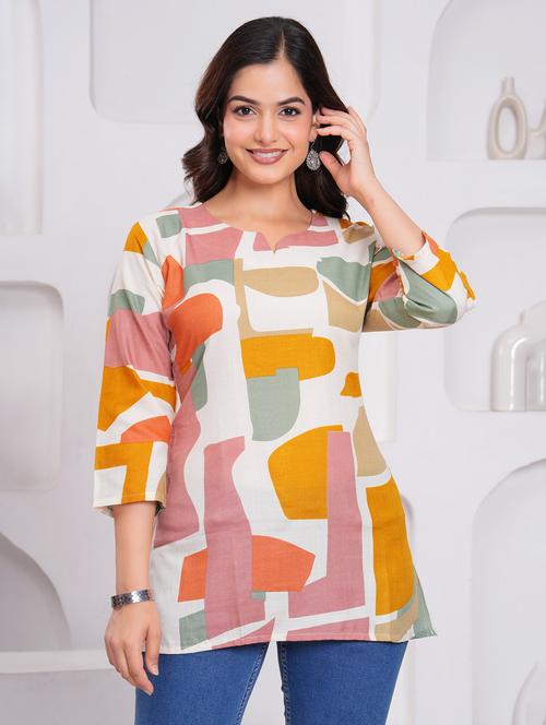 women printed notch neck straight kurti - 21963070 - Very Small Image - 1
