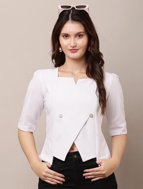 women white solid puff sleeve crop top - 21963309 - Very Small Image - 1