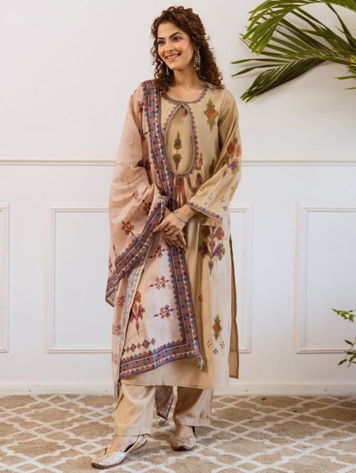 women beige long sleeve kurta pant with dupatta set - 21963462 - Very Small Image - 1