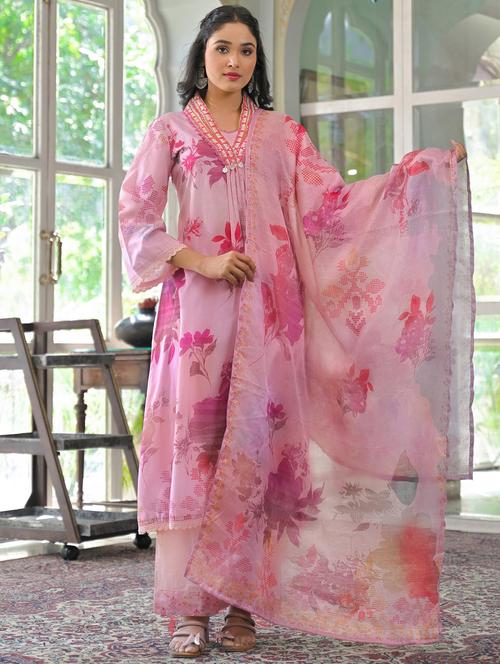 women pink long sleeve kurta palazzo with dupatta set - 21963470 - Very Small Image - 1