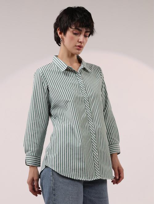 women green striped collared long sleeve shirt - 21964792 - Very Small Image - 1