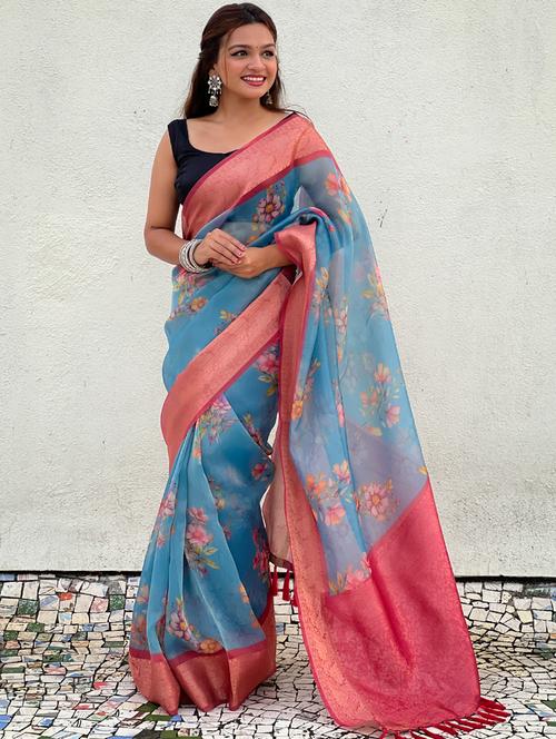 women floral printed bordered saree with blouse - 21965054 - Very Small Image - 1