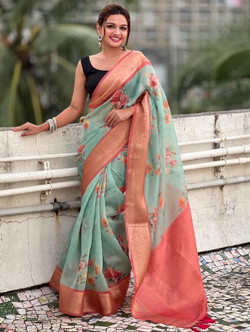 women floral printed bordered saree with blouse - 21965056 - Very Small Image - 1