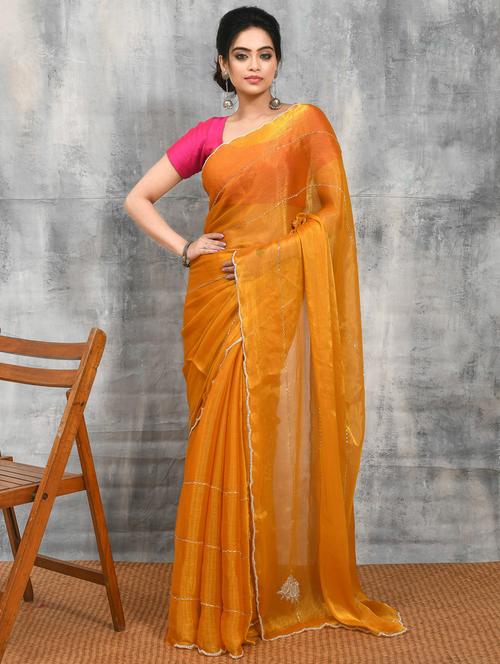 women solid with work embellished saree with blouse - 21965523 - Very Small Image - 1