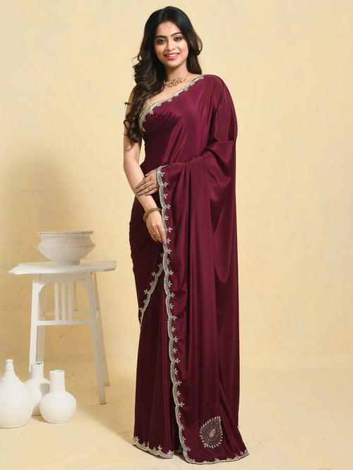 women solid with embellished bordered saree with blouse - 21965530 - Very Small Image - 1