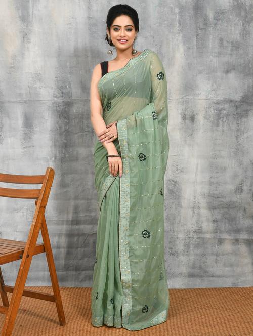 women solid with work embroidered saree with blouse - 21965536 - Very Small Image - 1
