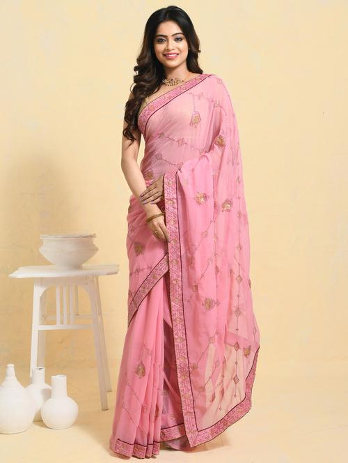 women solid with work embroidered saree with blouse - 21965542 - Very Small Image - 1