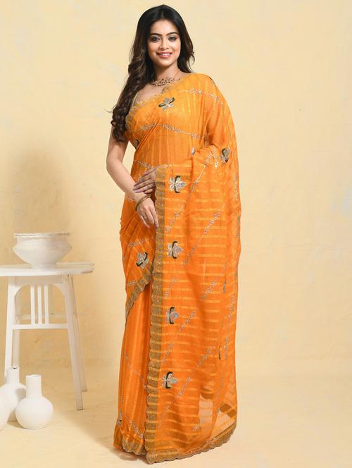 women striped embroidered saree with blouse - 21965546 - Very Small Image - 1