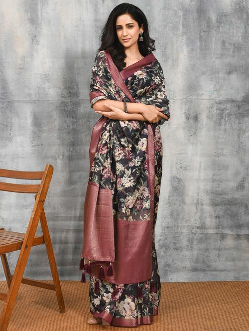 women floral printed bordered saree with blouse - 21965599 - Very Small Image - 1