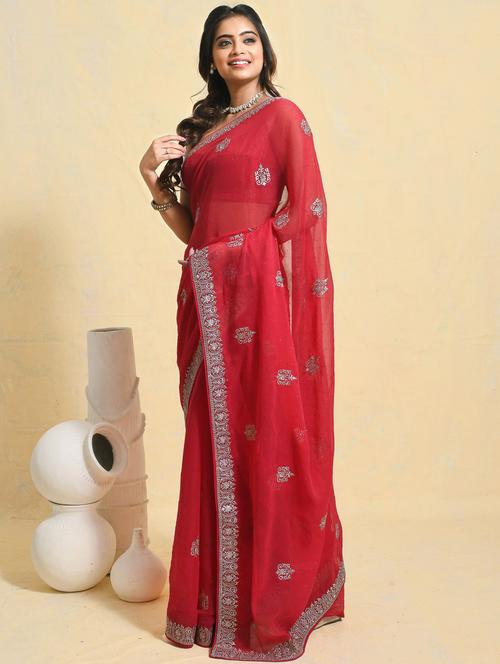 women solid with work embroidered saree with blouse - 21965640 - Very Small Image - 1