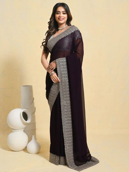 women solid with bordered saree with blouse - 21965642 - Very Small Image - 1
