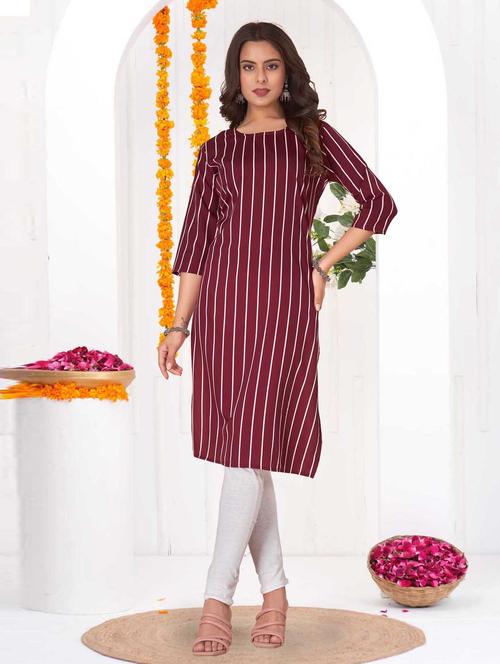 women striped three quarter sleeve straight kurta - 21965982 - Very Small Image - 1