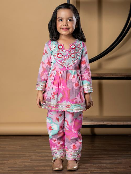 girls floral print long sleeve kurta and pant set - 21967199 - Very Small Image - 1