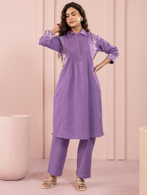 women purple floral long sleeve kurta pant set - 21967345 - Very Small Image - 1