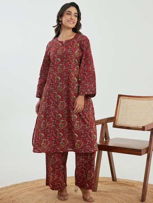 women maroon floral long sleeve kurta palazzo set - 21967360 - Very Small Image - 1