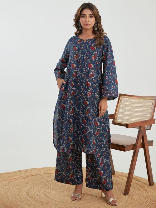 women blue floral long sleeve kurta palazzo set - 21967362 - Very Small Image - 1