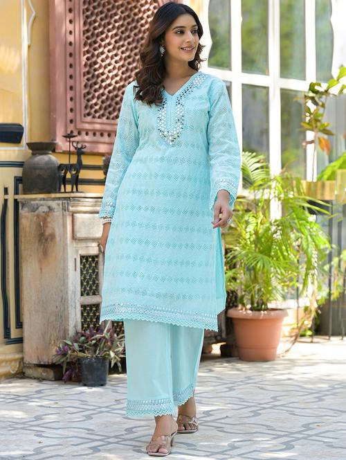 women light blue long sleeve kurta pant set - 21967365 - Very Small Image - 1