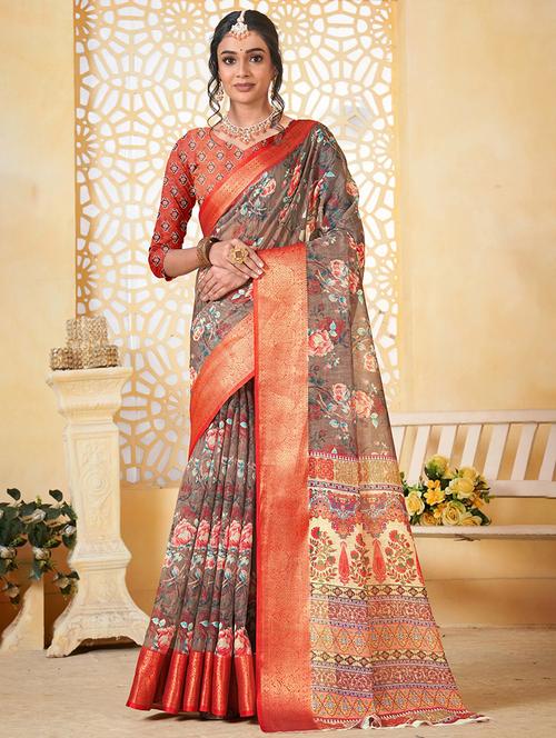 women floral printed bordered saree with blouse - 21968036 - Very Small Image - 1
