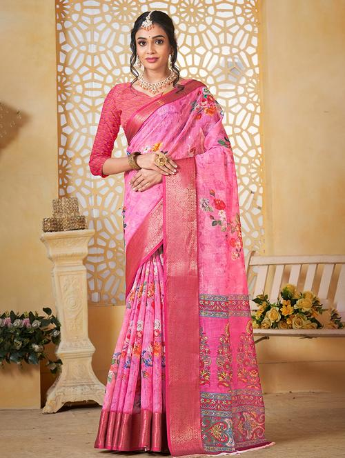 women floral printed bordered saree with blouse - 21968038 - Very Small Image - 1