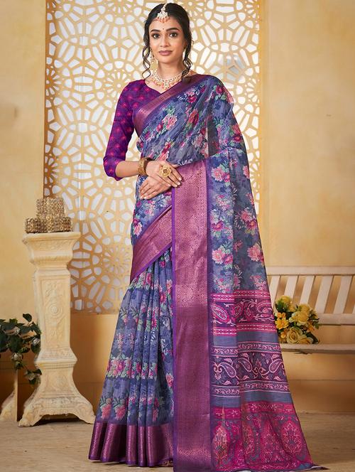 women floral printed bordered saree with blouse - 21968039 - Very Small Image - 1