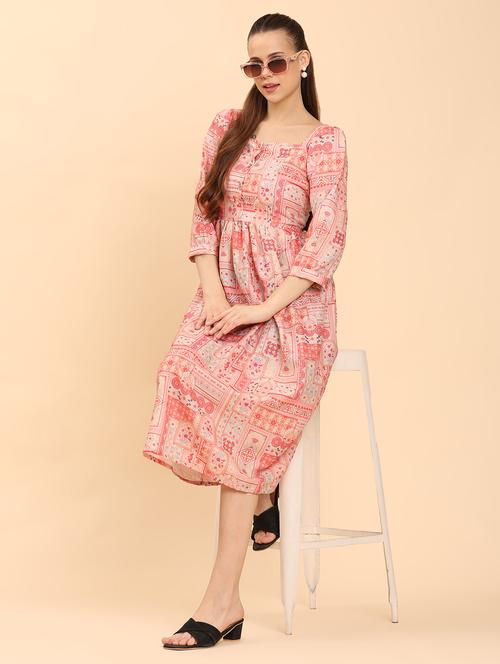 women peach printed square neck  a-line dress - 21968348 - Very Small Image - 1