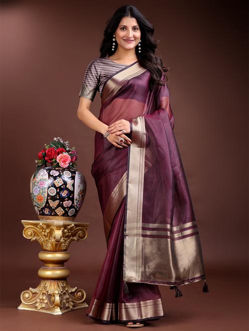 women solid with bordered saree with blouse - 21969162 - Very Small Image - 1