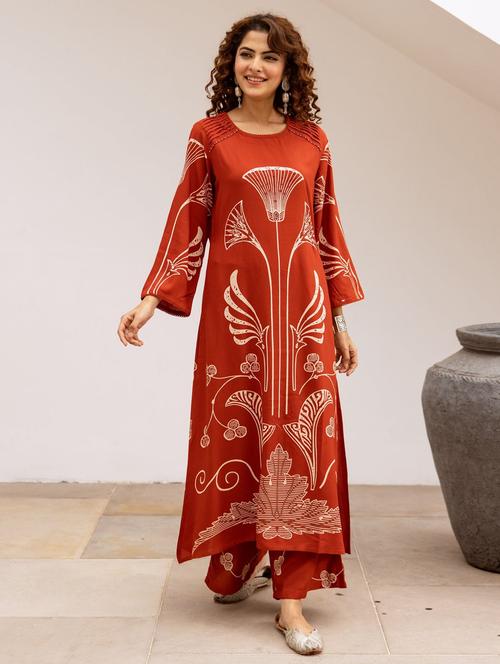 women rust printed long sleeve kurta palazzo set - 21969646 - Very Small Image - 1
