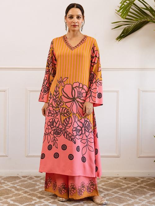 women printed long sleeve kurta palazzo set - 21969660 - Very Small Image - 1