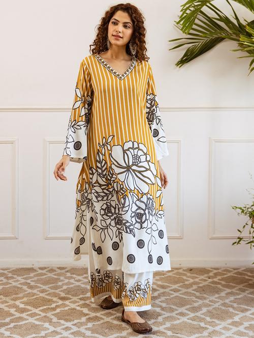women printed long sleeve kurta palazzo set - 21969678 - Very Small Image - 1