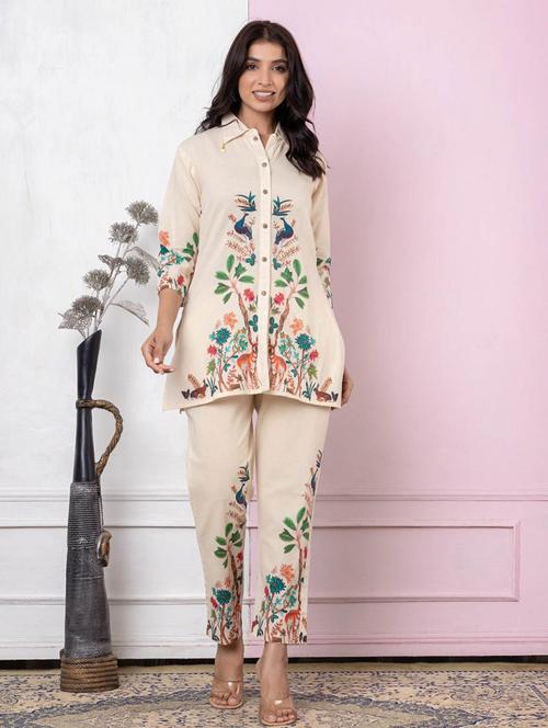 women cream three quarter sleeve ethnic co-ord set - 21969795 - Very Small Image - 1