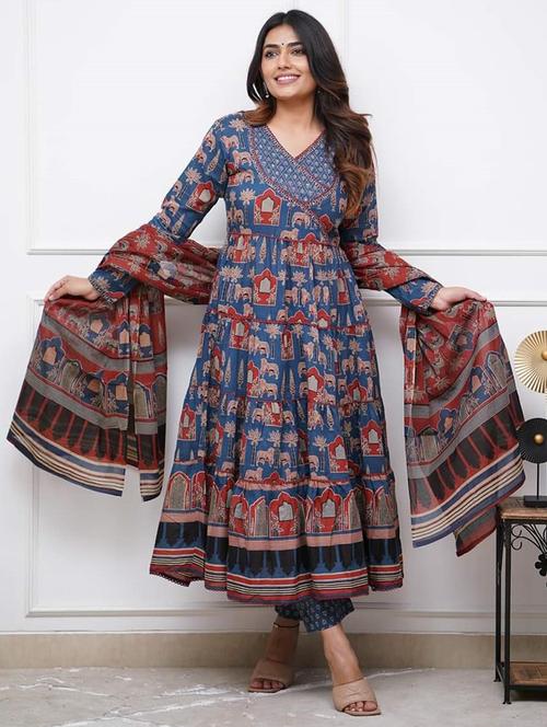 women printed long sleeve anarkali kurta pant with dupatta set - 21971069 - Very Small Image - 1