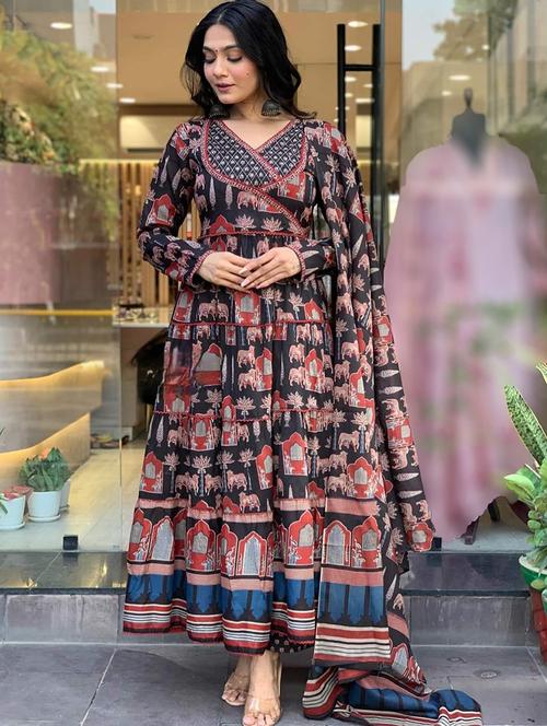 women printed long sleeve anarkali kurta pant with dupatta set - 21971070 - Very Small Image - 1
