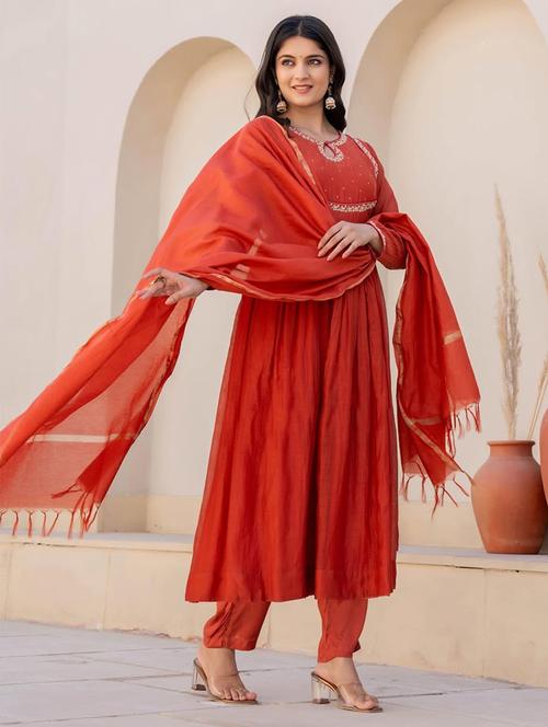 women solid with work long sleeve anarkali kurta pant with dupatta set - 21971174 - Very Small Image - 1