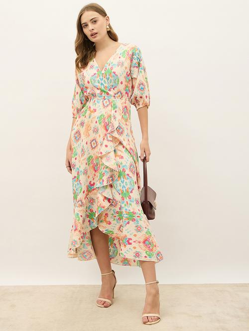 women printed overlap neck puff sleeve ruffle dress - 21971185 - Very Small Image - 1