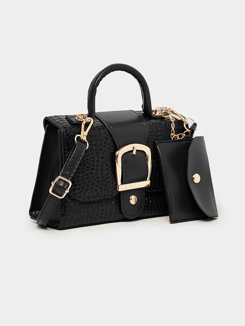 black textured casual handbag with card pouch - 21971300 - Very Small Image - 1