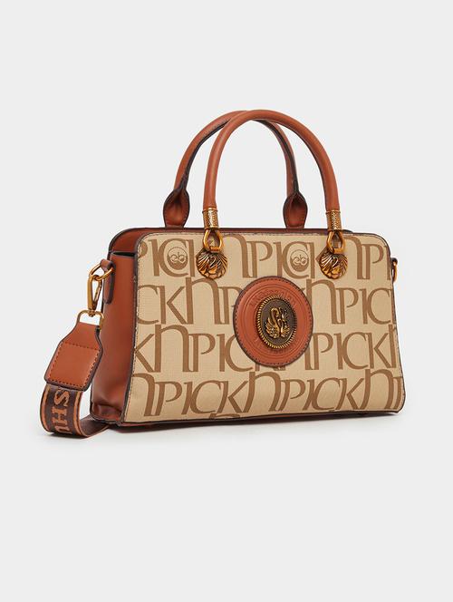 beige printed pu structured handbag - 21971450 - Very Small Image - 1