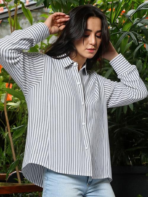women striped collared long sleeve relaxed shirt - 21972216 - Very Small Image - 1