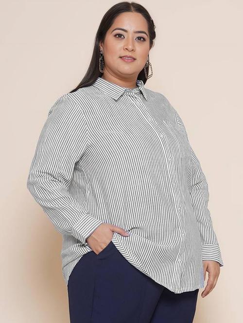women plis size striped collared long sleeve shirt - 21972221 - Very Small Image - 1