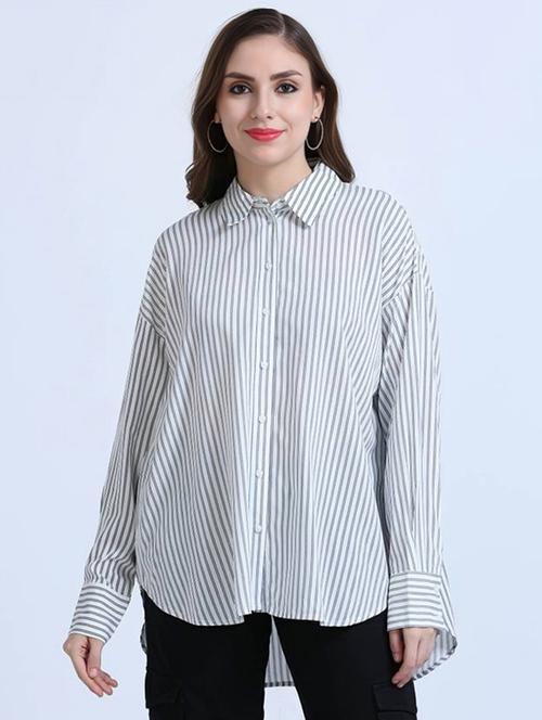 women striped collared long sleeve high low shirt - 21972223 - Very Small Image - 1