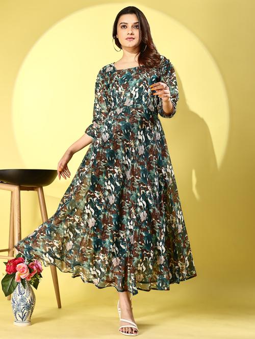 women printed puff sleeve fit & flare dress - 21972245 - Very Small Image - 1