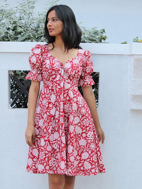women printed puff sleeve fit & flare dress - 21972262 - Very Small Image - 1