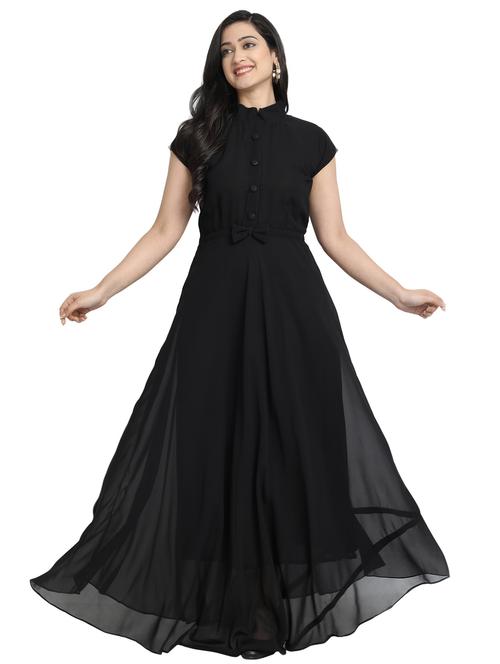 women solid mandarin neck fit & flare dress - 21972562 - Very Small Image - 1