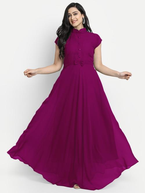 women solid mandarin neck fit & flare maxi dress - 21972564 - Very Small Image - 1